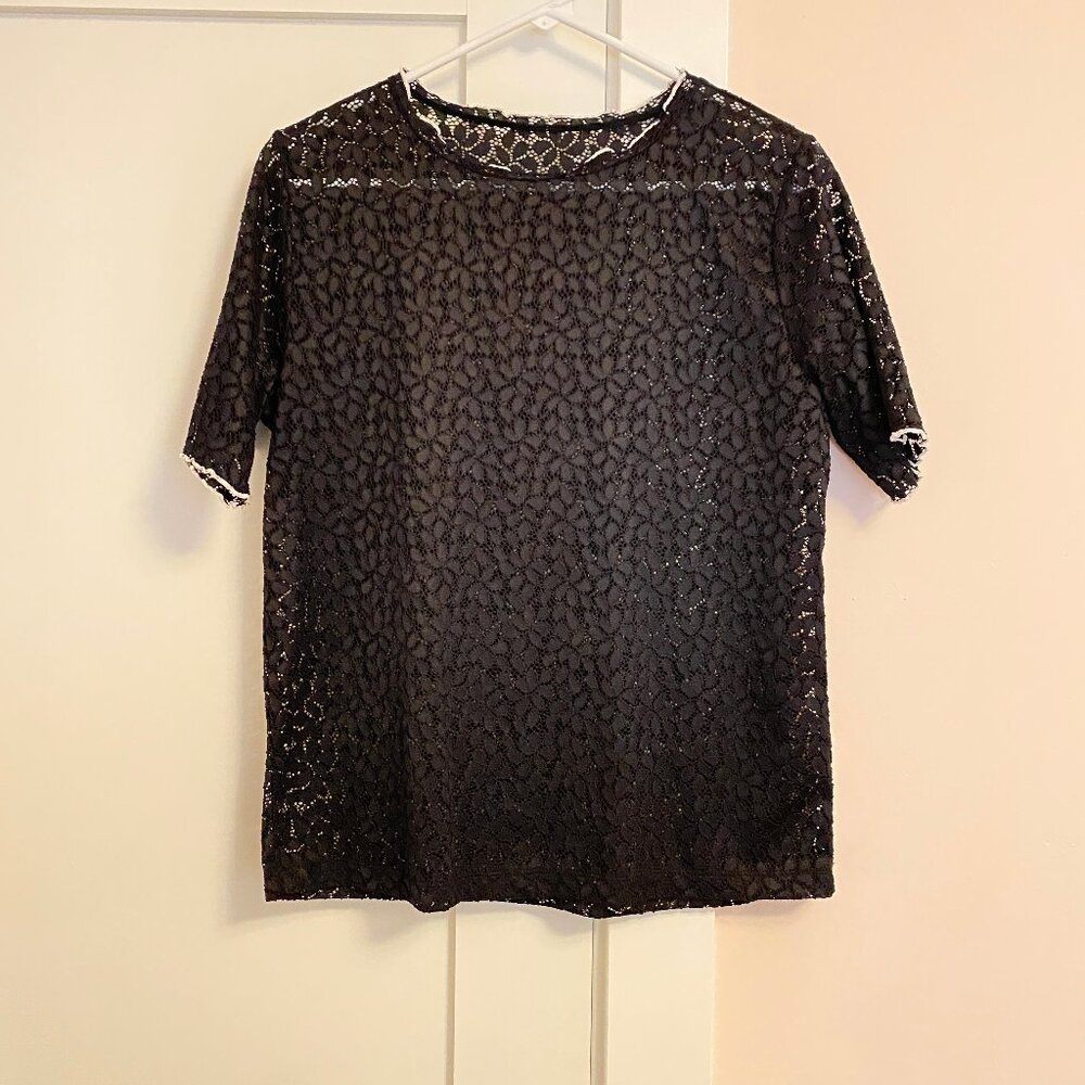 Zara Sheer Lace Crew Neck Short Sleeve Top Black White Trim Size M